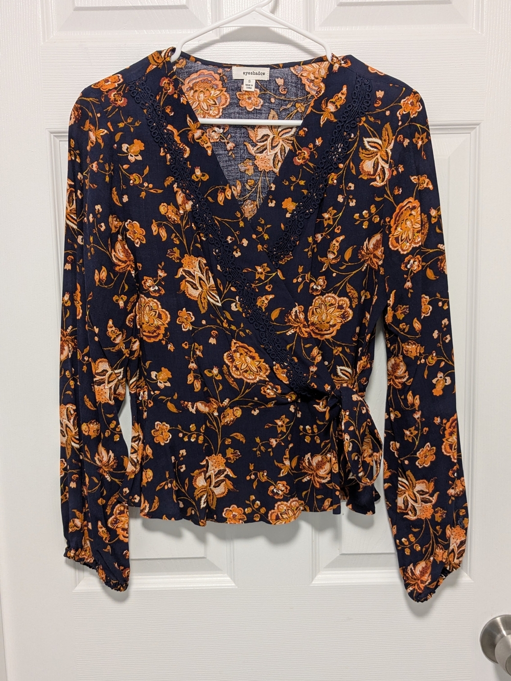 Navy Floral Wrap Blouse - Orange Floral Print
